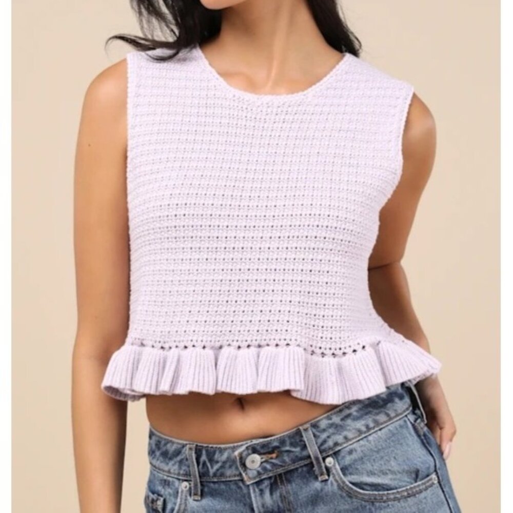 Lulus Flouncin' Around Lavender Cropped Ruffled Sweater Tank Sz XS Womens Purple
